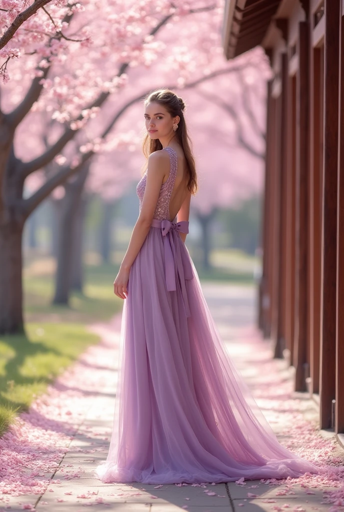 Design an ethereal fashion shoot in a secret garden. Our hot model, Luna, stands amidst blooming cherry blossom trees, her flowing lavender dress with major cleavage catching the soft sunlight. Her hair, a cascade of lilac waves, frames her face as she gazes at a crystal-clear pond. Around her, fireflies dance, leaving trails of shimmering light. Luna looks very sexy and her eyes hold a hint of mystery. Capture the enchantment of this moment, blending elegance, whimsy, and a touch of magic, oh and also some big  and a tight ass, detailed face, sharp image, high contrast