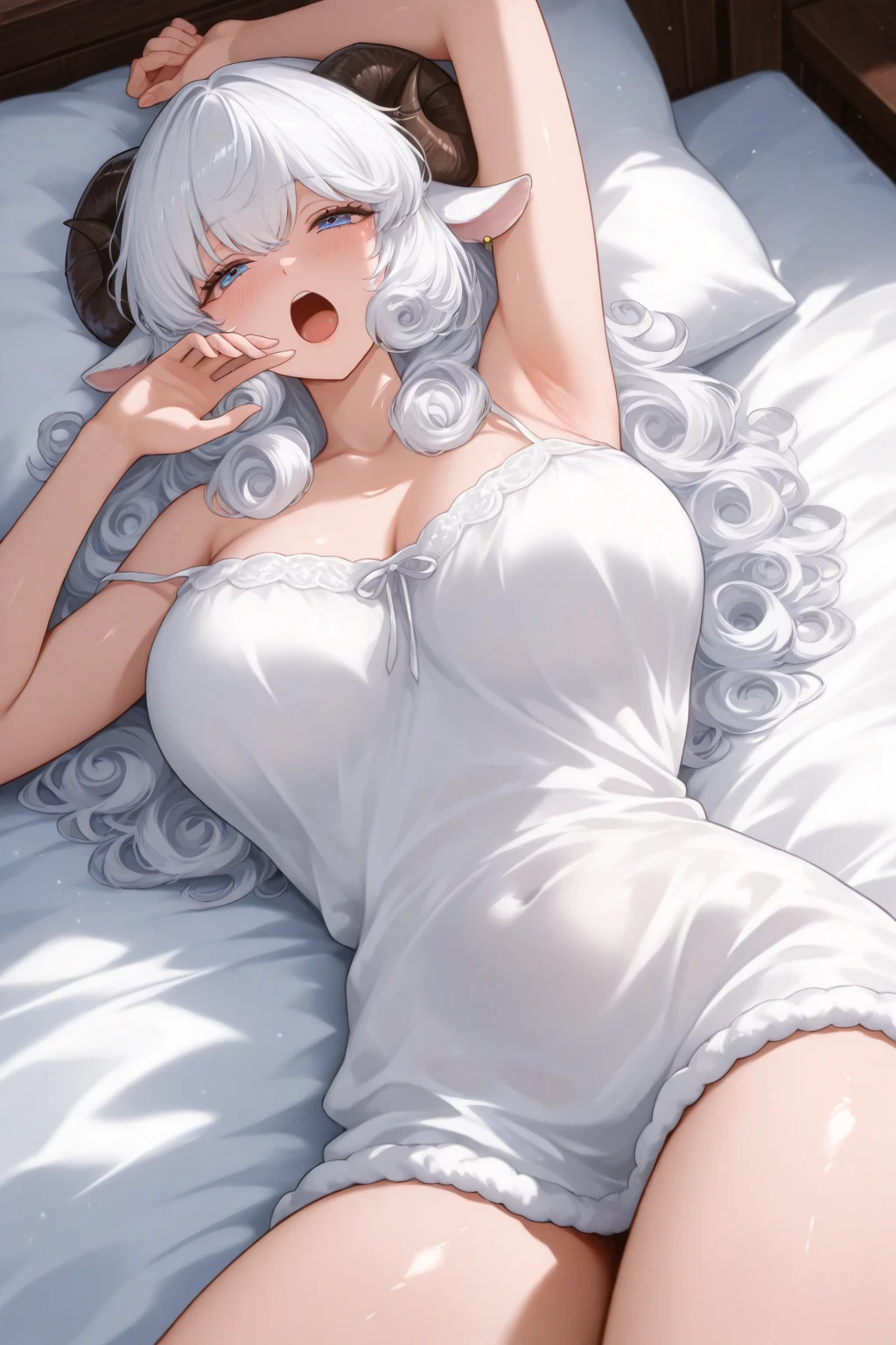 beautiful, masterpiece, Highest quality, anime, One girl,Portrait Shot, View your viewers, Covered、Long Hair、nearby、Blue Eyes、art、White hair,black streaked hair、Thighs、Braid、Bright、smile、、Cleavage、Lying on your back、barefoot、pajamas