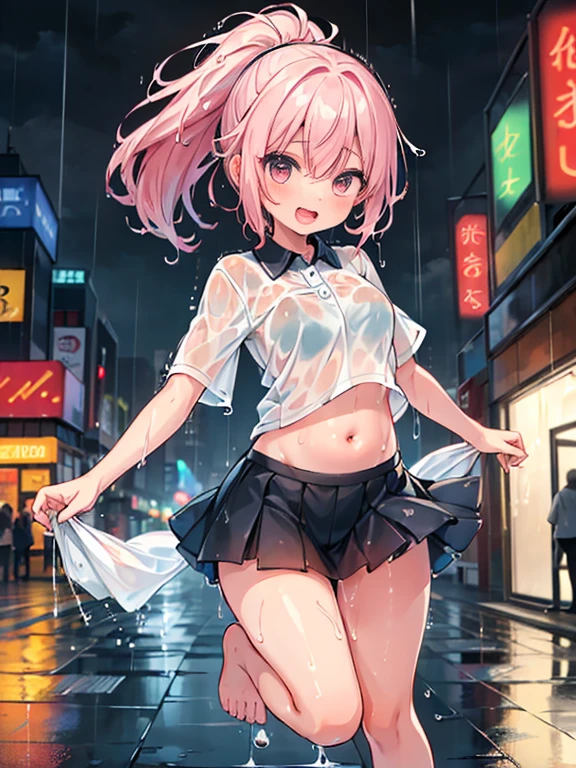 ((masterpiece,best quality, high resolution)), 1girl, solo, pink eyes, pink long hair tied with blue ribbon, blunt bangs, perfect breasts, round breasts, fishnets shirt, (fishnets:1.3), (diamond-shape lattice pattern), (diamond-shape laced shirt), (see through:1.4), (see through shirt:1.3), no pants, no skirt, pantless, skirtless, bottomless, panties only, exposed panties, micro panties, (on street), dramatic light, heavy rain, lanterns, bokeh effect, detailed iris, sparkle eyes, star in eyes, sadness, sad eyes, soulful pink eyes, (multicolored eyes), (shining dust), (pink hair:1.3), (messy hair:1.3), (hair between eyes), (hair over one eye:1.2), (wavy hair:1.1)
