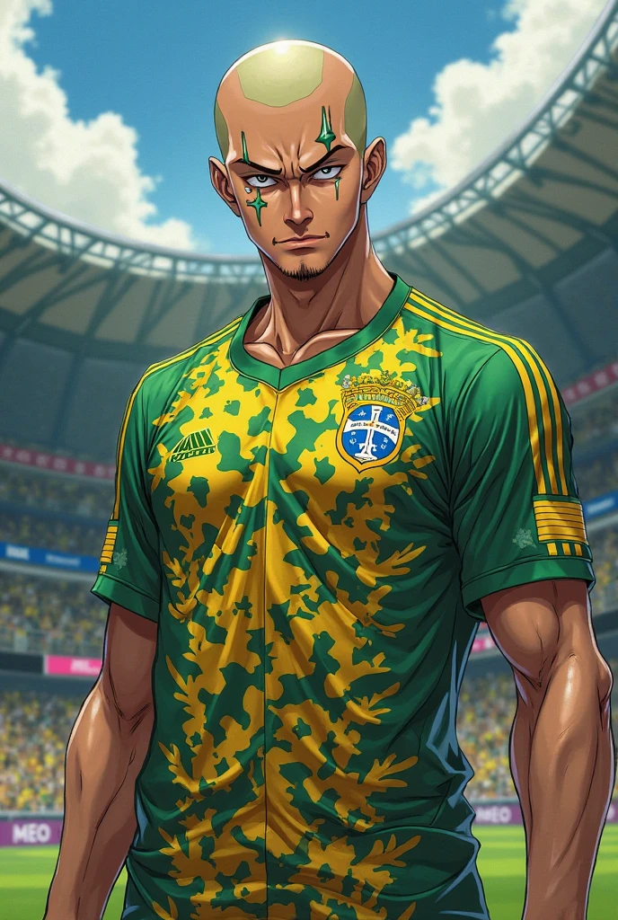 Black man with golden hair, dark green eyes, green and blue uniform and also dark blue. In the middle of the chest, the Brazilian emblem.