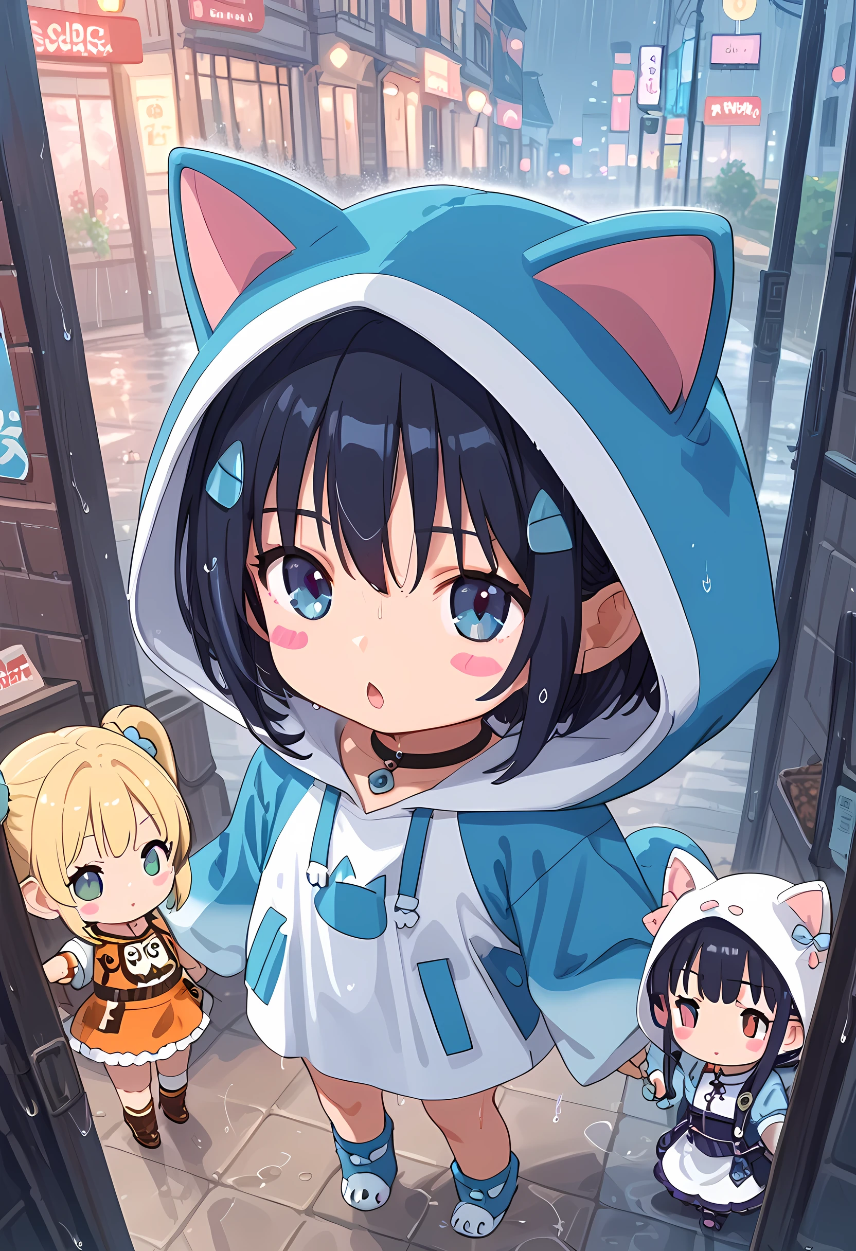 score_9, score_8_superior, score_7_superior, masterpiece, best quality, absurdres, high_fidelity, vibrant, sauce_anime, (rating_explicit:0.7), masterpiece, Highest quality, Adorable, 1girl, loli, child, (chibi:1.4), animal_hood, ANHD, cat costume, cosplay, (human ears:-1.0), wet body, (blush stickers:1.2), diamond mouth, look up, (wariza Inside amazon box:1.2), (printed "Please pick me up":1.3), from above, heavy rain, rain drops, Back Alley, night, back light