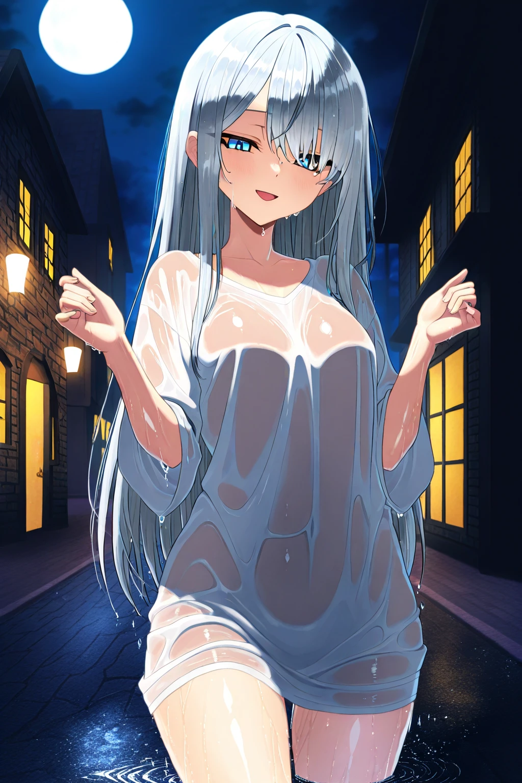 1girl, nsfw, ANASTASIA, BLUE EYES, GREY HAIR, HAIR BETWEEN EYES,, LONG HAIR, BANGS,, 17years old, large Breasts, nsfw, nipple, naked, empty eyes ,Abandoned amusement park, frozen, Wet, crying ,smile, Naked, , (1girl) solo, Peeing, lactation, projectile lactation