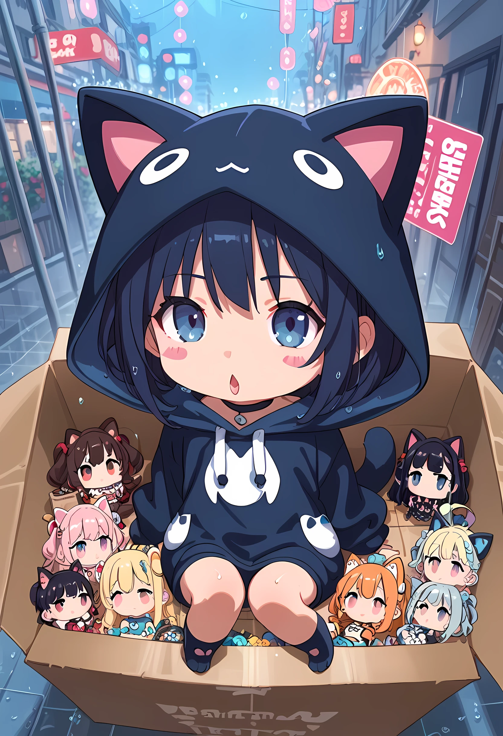 score_9, score_8_superior, score_7_superior, masterpiece, best quality, absurdres, high_fidelity, vibrant, sauce_anime, (rating_explicit:0.7), masterpiece, Highest quality, Adorable, 1girl, (chibi:1.4), animal_hood, ANHD, cat costume, cosplay, wet body, (blush stickers:1.2), diamond mouth, look up, (sitting in amazon box:1.3), (printed "Please pick me up":1.3), from above, heavy rain, rain drops, Back Alley, night, back light