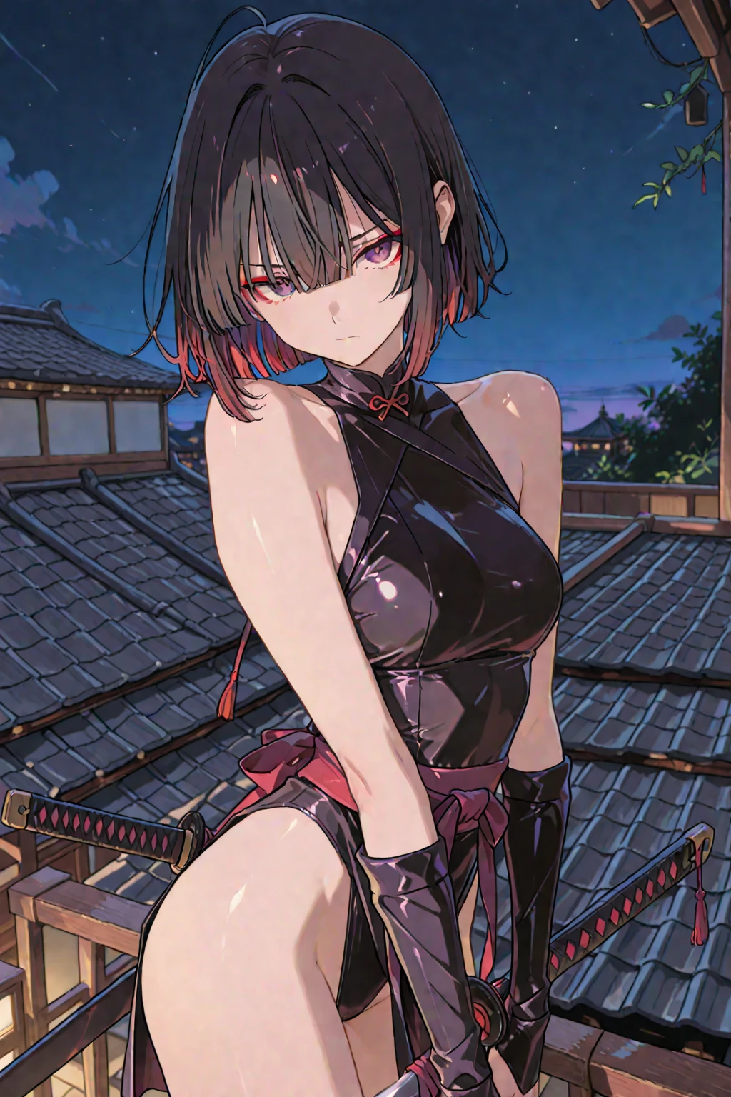 woman, starry sky, night, red tint, short hair, tomboy, black hair, NSFW, Blood Moon, medieval armor, sword in hand, drenched in blood,