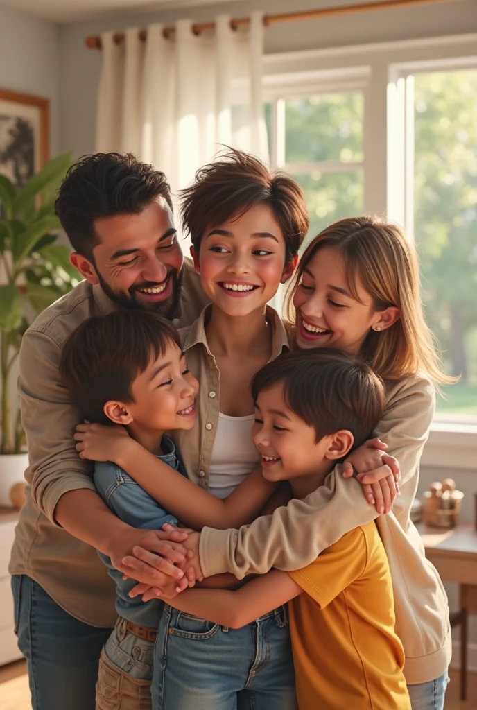 Create a hyperrealistic image of a happy family embracing each other. The family should consist of parents and children, all smiling and radiating joy. The setting can be indoors or outdoors, with warm, natural lighting that enhances the warmth of their connection