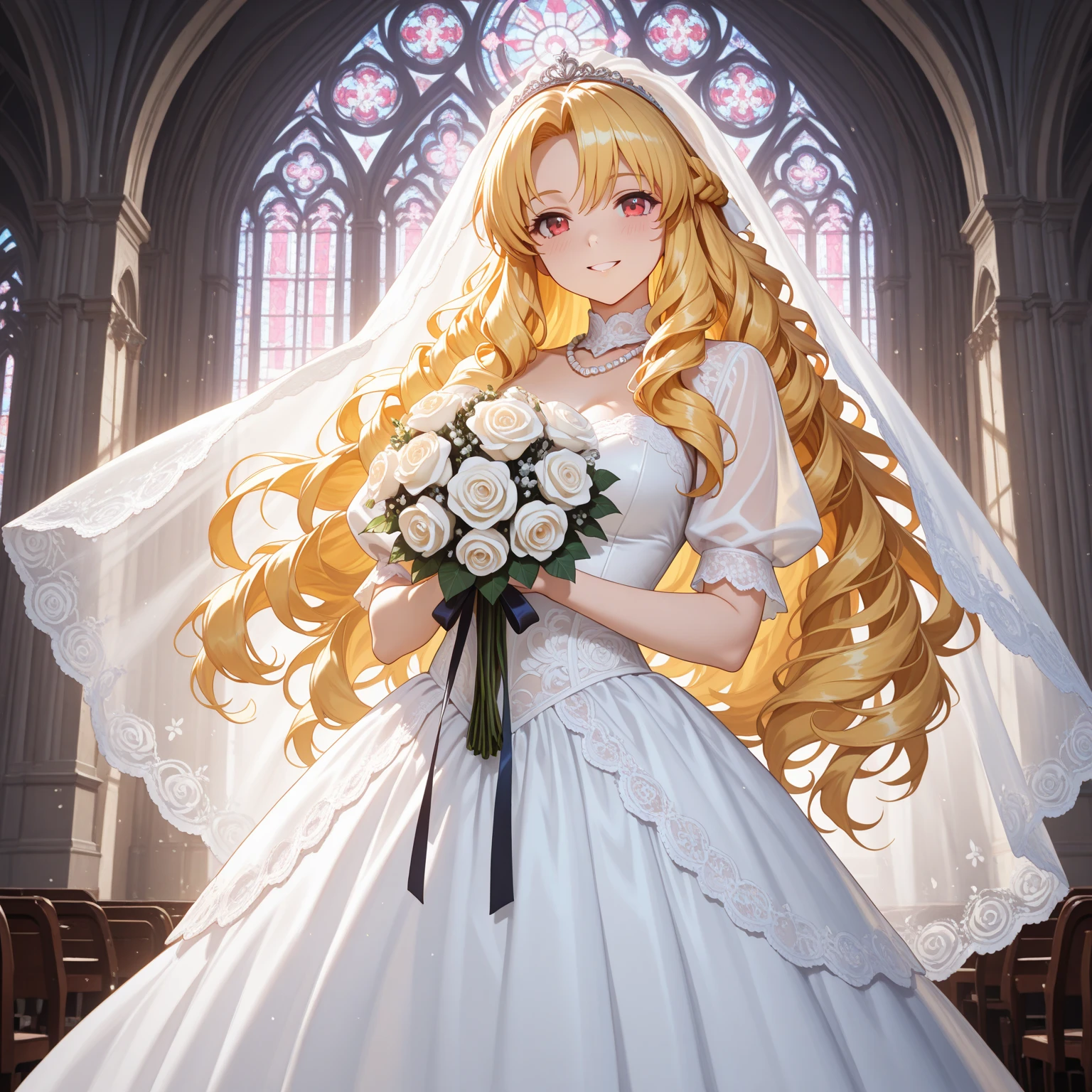Masterpiece, Best Quality, Official Art, (Highly Detailed CG Unity 8k wallpaper), Detailed background, (Hands by Guido Daniele: 1.1), Feet out of frame, First person perspective, 1, Beautiful woman who is attractive and perfect, Blessed Woman(curvaceous), (standing), (Extended hand:1.4, Upturned palm: 1.14))), Goddess, (Bridal Gauntlet, Luxurious Pure White Dress, Pure White Large Skirt, Gold Ornaments, Bridal Garter, Bridal Legwear, White Thighs: 1.12), (Blonde Long Hair: 1.12), (Ahoge: 1.13), (High Ponytail: 1.12), (Green Eyes: 1.13), Big, (cleavage), Beautiful Face, (Blush: 1.11), (Smile: 1.11), Indoors, (Wedding), Church , (sunlight shining through stained glass), (flower garden, countless bouquets, soaring petals, beautiful flower decorations), (((Bouquet of blessings: 1.4, blessing bells, luxurious blessing venues, beautiful white birds)))
