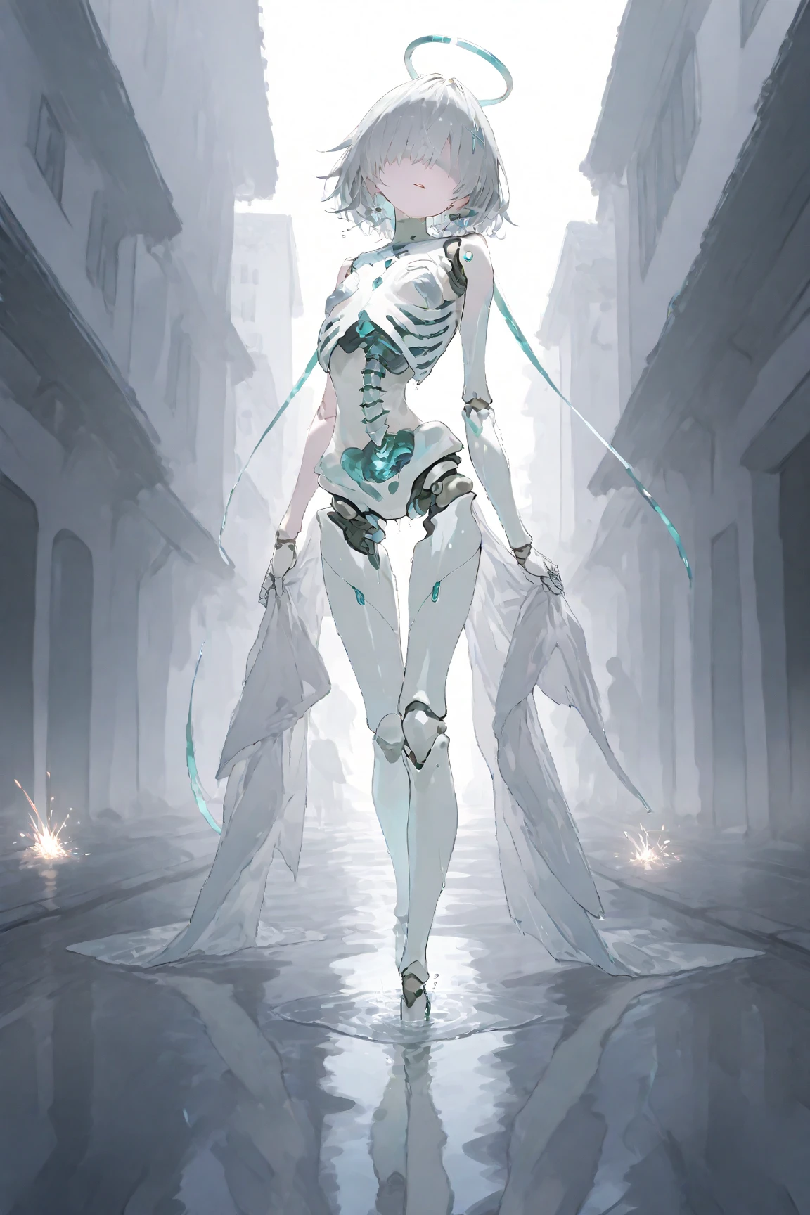 translucent skin, bone, spine, mechanical parts, white skin, blue skin,   1girl, blue eyes, grey hair, long hair, hair ornament, black hairband, green thighhighs,, absurdres, ultra detailed, masterpiece, best quality, aesthetic, detailed,