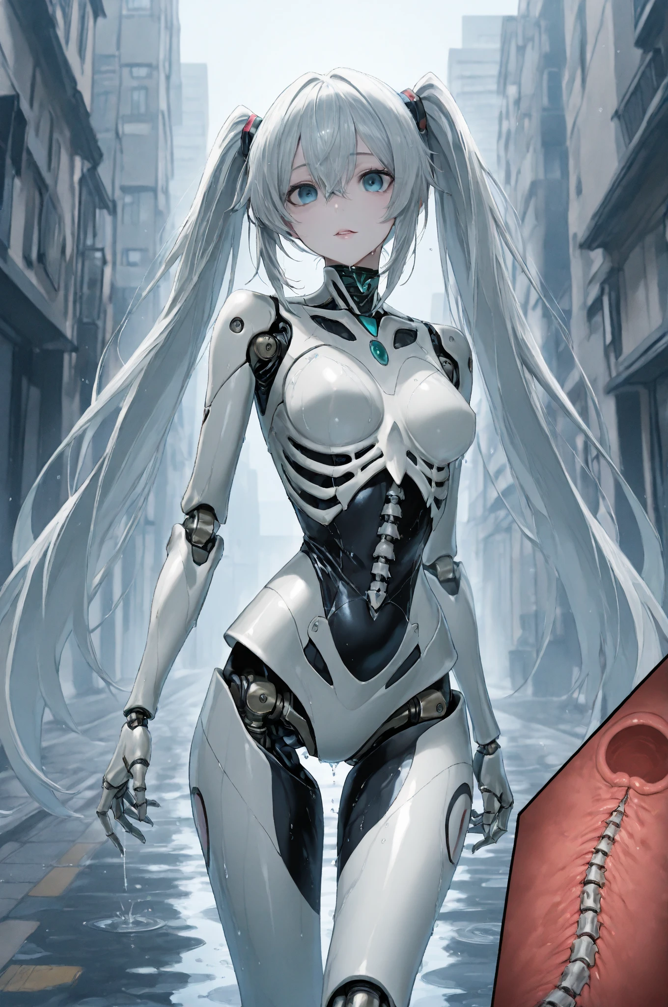 (((Masterpiece)))), (((highest quality)))), ((Ultra Definition)), (Very detailed photoreality), ((Very delicate and beautiful)), (Delicate and pretty face), Cinematic Light, (((1 girl parasitized by a machine)), Solo, Full body, Big, cleavage is visible skin, gray hair, purple eyes, glowing eyes, thighs skin exposed metal, metallic body, detailed neon, hydraulic cylinder, (mechanical joints: 1.4), ((mechanical limbs)), (blood vessels connected to tubes), (mechanical vertebrae attached to the back)), ((mechanical cervical vertebrae) attached to the neck)), (sitting)), expressionless, (wires and cables attached to the head and body: 1.5), (character focus), small LED lamps on the body, Evangelion, Rei Ayanami, SF,