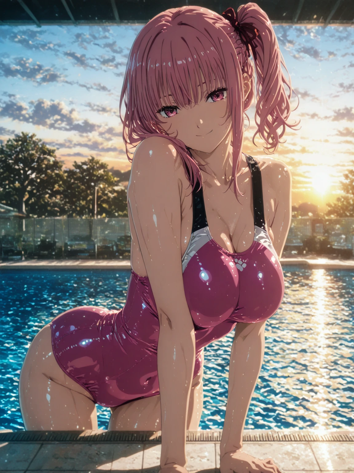 (Masterpiece, BestQuality:1.3), (ultra detailed:1.2), (hyperrealistic:1.3), (RAW photo:1.2), High detail RAW color photo, professional photograph, (Photorealistic:1.4), (realistic:1.4), professional lighting, perfect anatomy, (Big Breasts, (The underboob is visible:1.3):1.2), (blush, detailed face), (cheerful Smile:1.5), Trending Hair&Trending Hairカラーをランダムに, earrings, necklace, bracelet, sexly, erotic sexly, Random sexy gravure poses, (Sexy beauty in navy halter top bikini sits with legs wide open in night pool、Look at the camera with a sexy look。Pink hair, side ponytail, long wavy hair。In the background there are soft curtains and a night view。: 1.3)
