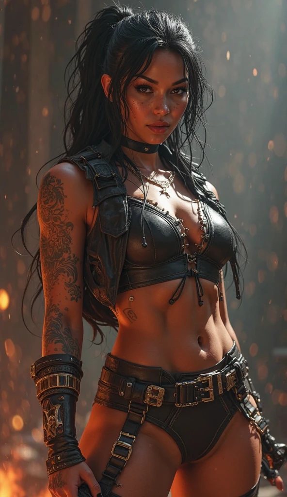 4k realistic ultra detailed photography of an athletic demonic woman, demonic woman wearing a maxi leather dress, hairstyle is a crazy braided hairstyle, demonic woman in a menacing moving standing model pose, photo background is a wall of smoke with black roses coming out of it, mood of the photography is gloomy, big lots of fiery tattoos