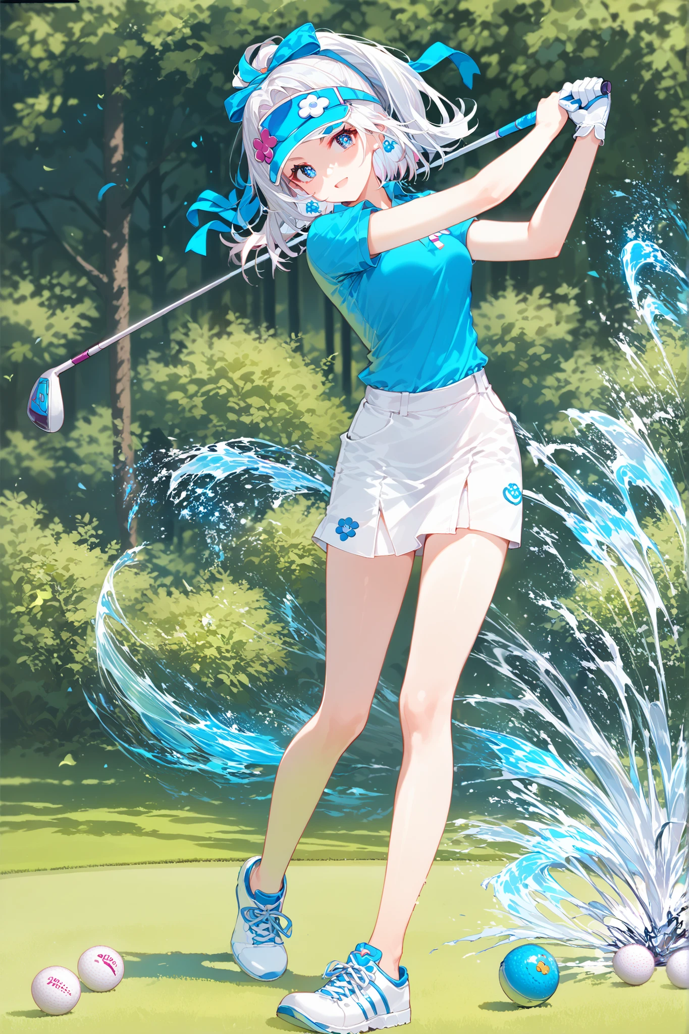  score_9,  score_8_ amazing,  score_7_ amazing, Source_anime,  high resolution images, masterpiece, top quality next to viewers, girls, cute face, beautiful skin, shiny hair, very elaborate eyes, Rainbow Eyes ,  She has bright silver hair tied left and right,   Joji Bang , 
nsfw ,  standard bust size ,  She's standing , She's wearing a bright light blue polo shirt , ((She is wearing a white miniskirt  , She's wearing a white golf visor )) , short hair, ((  Has a strong  )), She holds golf clubs with both hands, ((She's hitting a golf ball)),  golf course 


