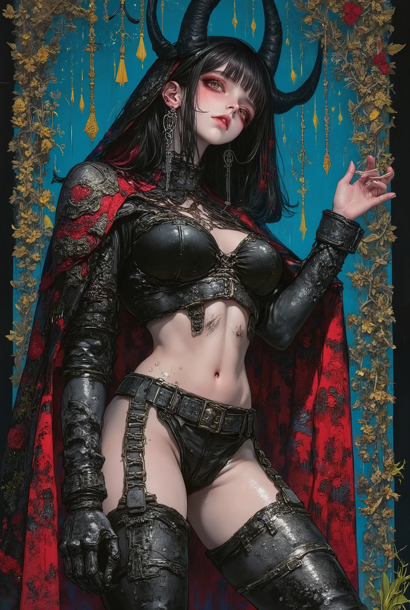 Close-up cameltoe focus, ((photoshoot)), from below, buxom demoness, mature, milf, full body portrait, posing for onlyfans, saggy tits, slutty erotic succubus, day of the dead makeup, bodypaint, armoured pauldrons, scary detailed art in color, rage, sultry, amused expression, busty, curvy hips, sexy, alluring, erotic posing with open legs, skimpy lowleg panties, cameltoe, highly detailed fantasy art, beautiful fantasy art portrait, intricate detailed digital art, highly detailed digital painting, digital art fantasy art, mark brooks detailed, detailed fantasy digital art, amazing detail digital art, close-up portrait demoness skull, by Todd Lockwood, liquid metal girl