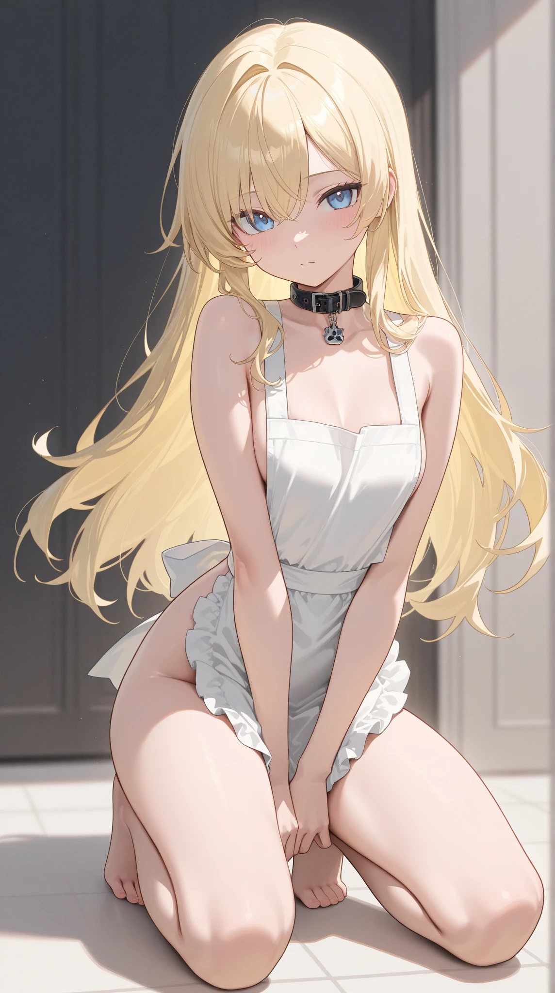 One girl、solo、masterpiece、highest quality、Blonde、blue eyes、Wavy Hair、Twin tails、Slanted Eyes、Troubled face、Embarrassing、blush、Watery eye、Small breasts、Flat Chest、One piece swimsuit 超High leg、High leg、超High leg、High Cut、tights black、Staring into the pantyhose camera、Calm bedroom、indirect lighting、standing、Big Ass