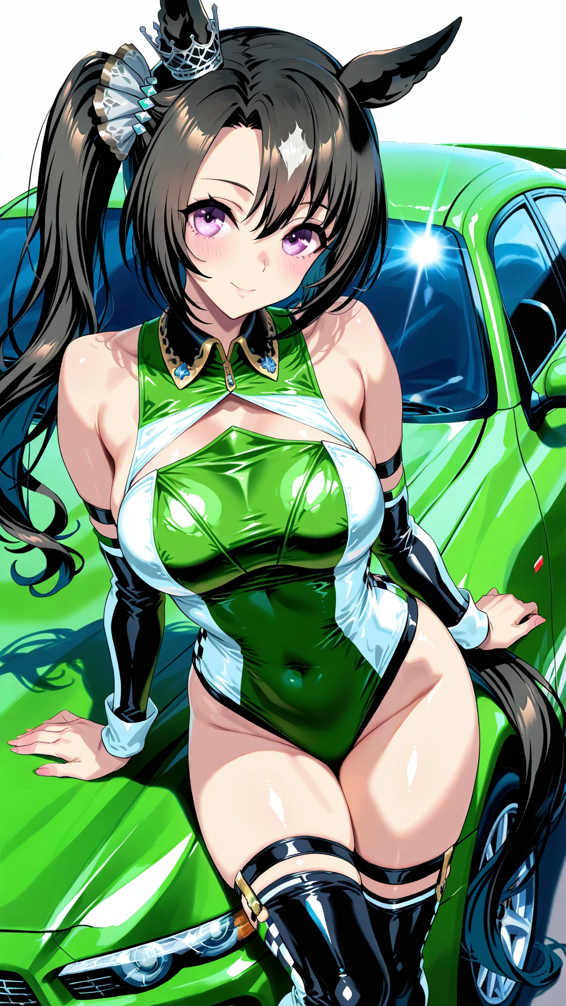 best quality, masterpiece, flat color, cel shading, solid outline, 1 girl, smile, one eye closed, ultra detailed face, contrapposto, brown bob cut hair with bangs, wet skin, (fluorescent lime green color bikini layered transparent raincoat:1.3), hood down, (small breast:1.2), underboob, shopping street of tokyo, (heavy rain in midnight:1.3)