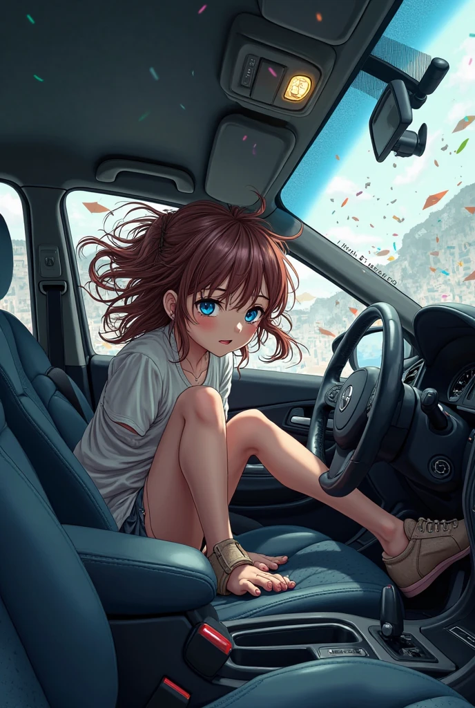 A teenage girl is urinating very urgently, side of the freeway with her pants and panties palled all way down) ( sitting on car with the open car door to hide herself. (She made her parents pull over the car in from of traffic for pit stop) couldn’t hold it any longer