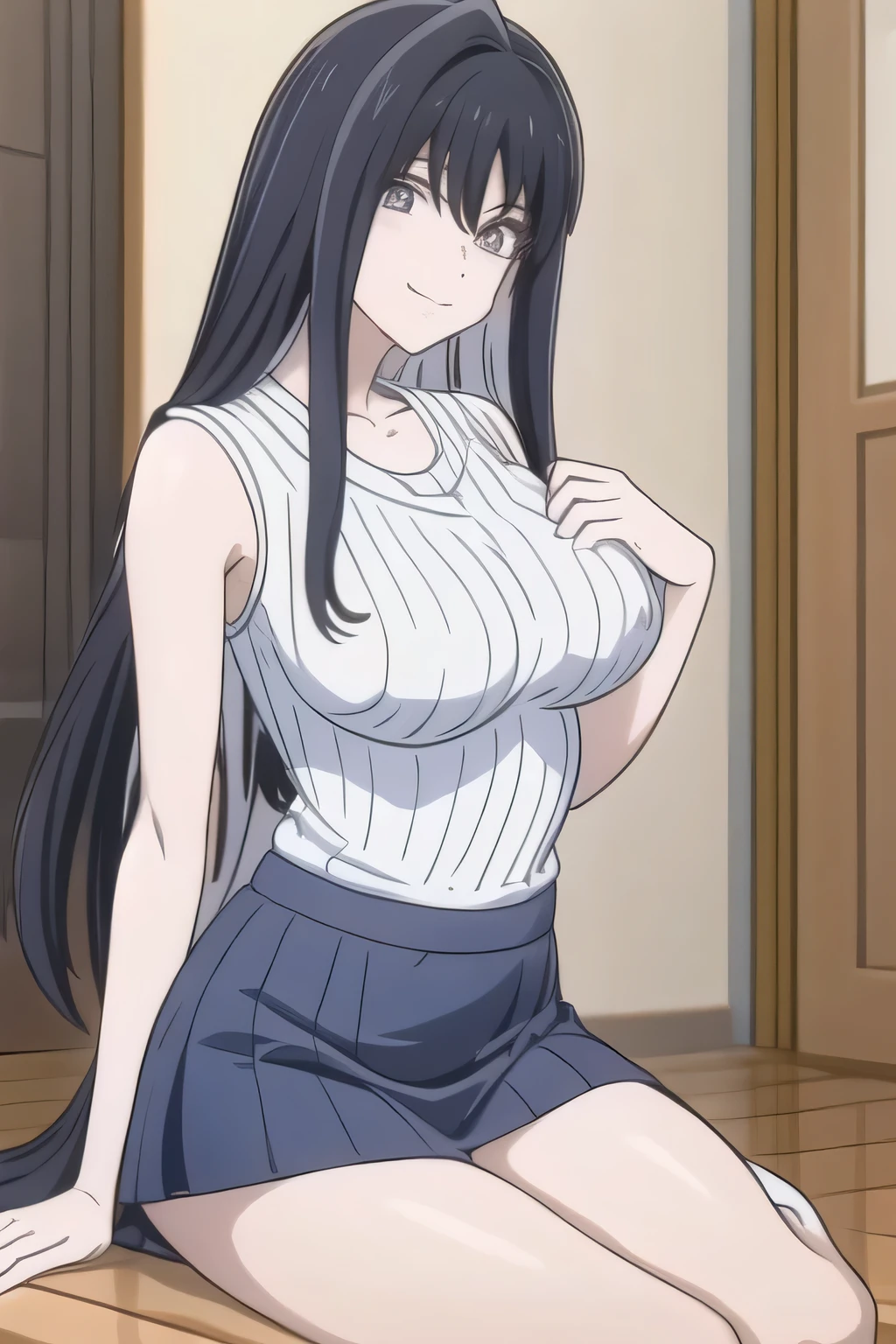 master piece, long hair, brown eyes, hands over breast, large breasts,striped shirt, black hair, brown eyes, jewelry, cowboy shot, , huge breasts,  , mature female, black jacket, white skirt
