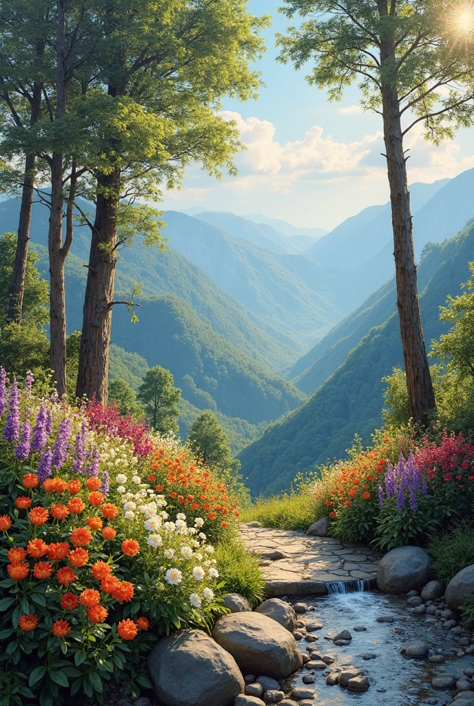 A rural landscape on the mountainside, with a flower garden and tall trees, sunlight penetrating branches, streams of water flowing on the ground, distant mountain perspectives in the background, a calm and peaceful atmosphere, high-quality details, realistic oil painting, 3D shapes, studio lighting, bright and vibrant colors, bouquet, fine details. شلال صافٍ، المنزل 🌴🥀🥀🌲🏘️
