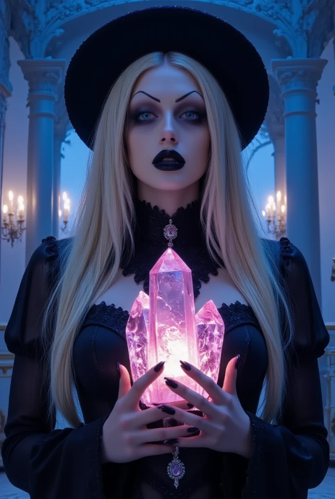 A blonde woman, a young blonde woman in purple occult witch clothes, somber atmosphere, The woman is standing around a pentagram with two unknown witches, the extremely beautiful woman with a delicate face, purple makeup, hair blonde, the woman has a very attractive body, the woman has big breasts in a cleavage