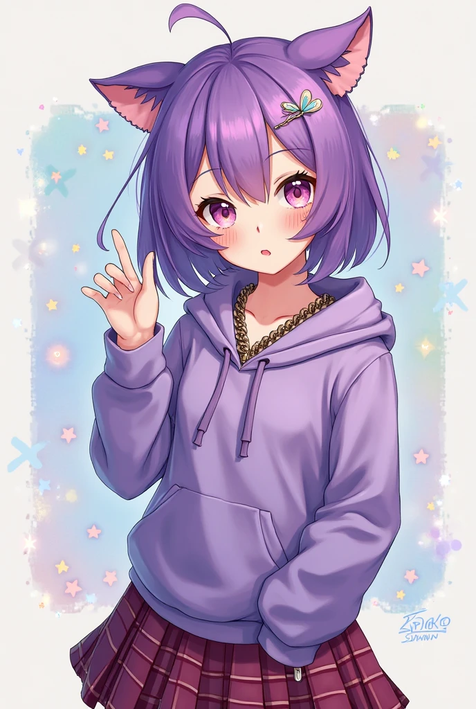 Create a 2d image of a cute anime girl smiling with light lilac hair excited vtuber