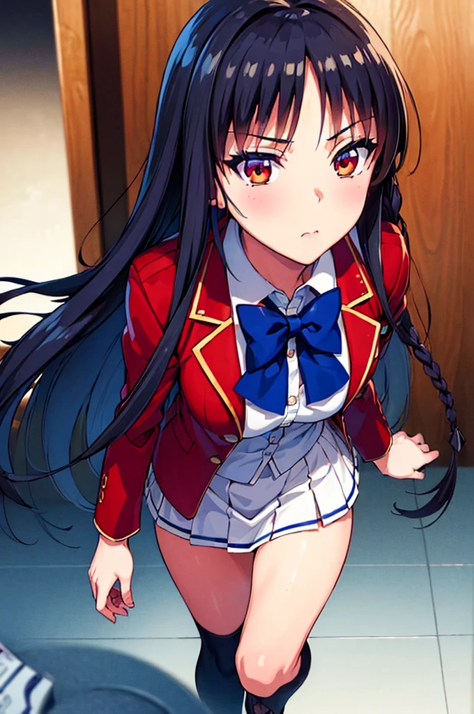 masterpiece, best quality, high resolution, best illustration, super fine illustration, (official art:0.8), anime screencap, detailed beautiful face and eyes, anime keyvisual, (perfect anatomy:1.5), 8k portrait, (detail focus fingers:1.2),
1girl,
Suzune Horikita,
Suzune Horikita \(youjitsu\),
long hair, braid,
black hair,
(red eyes:1.2), slant eyes, small eyes,
blue bow,
medium breasts,
(school uniform, red jacket, white skirt, pleated skirt, black thigh-high socks),
staring intently,
perfect light, background of indoors, lie on the bed, (spread legs:1.3), show panties, (nsfw), seductive pose, shoot from below, skirt lift,
