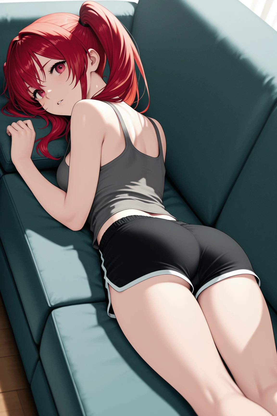 adorable anime lady in panties and a baggy shirt on a bed, downward dog yoga pose towards the camera