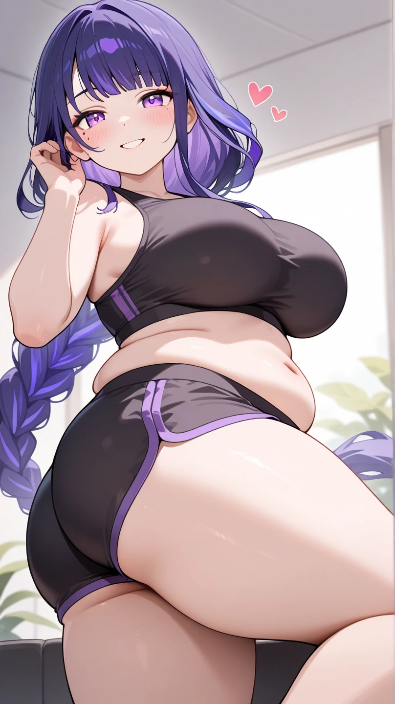 Bigboobs,long purple hair,lying down on bed,smile,dakimakura,thicc thight,sport bra,short denim,full body view,far,150cm lenght dakimakura