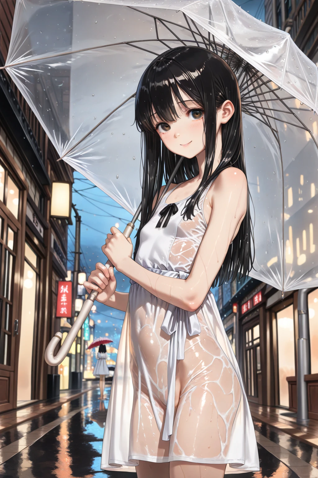 One Naked Girl、Walking around town、Only one person is walking around naked、Light blue hair、blue eyes、Standard Bust Size、Expressionless and dead-eyed、Feeling embarrassed、Nipples、A little big chest、Wearing green panties、Pour condensed milk all over your body、condensed milk on the face、Condensed milk on your hair、Daytime view