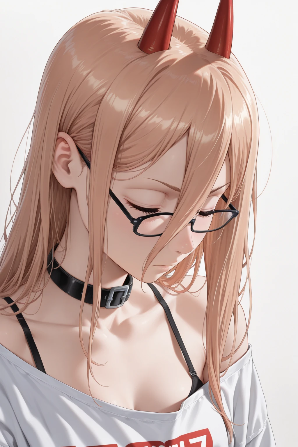(masterpiece, best quality, extremely detailed:1.3) BREAK 1girl, good hand, long hair, wavy hair, hair over one eye, glasses, choker, cross necklace, earrings, (sapphire eyes, nearly torn white shirt,blush, (shoujo-style:1.2)