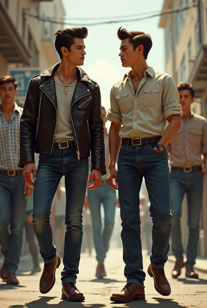 5 handsome men together cowboy handsome attractive shirtless in a tampo with a donkey with rope beside him and a young handsome man on top of the donkey