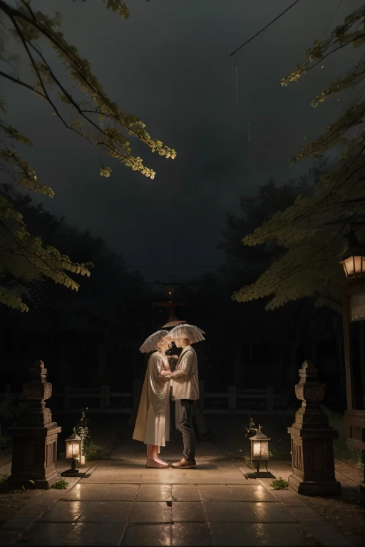 Rabbit carrying the moon,romance,couple looking at each other affectionately,shooting stars,starry sky,raining,Menglong,[futureaodai]
