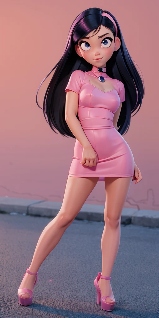 Anime girl with dark bluish hair in pink dress and a corset latex pink, 16 years old, beautiful body, big breasts, with her hands on her waist, hands in her hair, Sexy girl, bluish hair, side strands of hair with a pink bow, strands of hair with a bow on the side of the face, beautiful lighting, soft shadows, brown eyes, beautiful toned legs, short hair, anime style, hand on the waist, hand in the hair, character Akane Tendo, Author Rumiko Takahashi, Based on a work by Rumiko Takahashi, Anime Ranma 1 / 2, sexy cleavage, robust hips, full body, full body, big bust, young girl with nice and beautiful body, sandals on her feet, girl 16 years young, wearing shorts and corset latex pink, anime girl, anime style, beautiful feet in sandals, outdoors, big breast, beautiful breasts, black hair, sandals on feet, beautiful legs, sexy, beautiful legs, Sandals, big breasts, full body, full body, feet with sandals, big bust