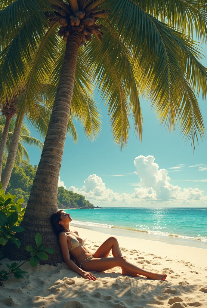 Brazilian beach with coconut trees people lying relaxed with sunset in, orange and gold colors ocean blue