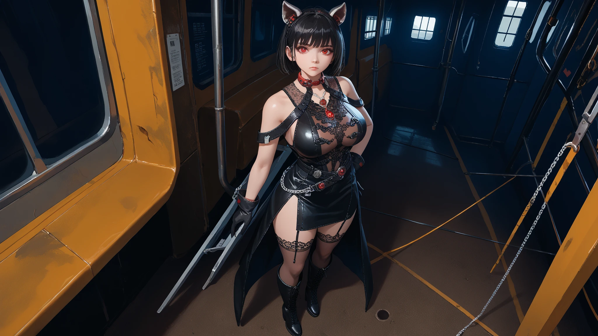 there is a woman with small breasts and massive hips in a corset and a black and white outfit, with Fishnet on breasts, humble outfit, wearing techwear and armor, cyberpunk outfit, wearing japanese techwear, intriguing outfit, all black cyberpunk clothes, cyberpunk style outfit, female cyberpunk anime girl, cyberpunk streetwear, cyberpunk dress, anime girl cosplay, photograph of a techwear woman, cyberpunk anime girl, wearing cyberpunk streetwear, maid outfit