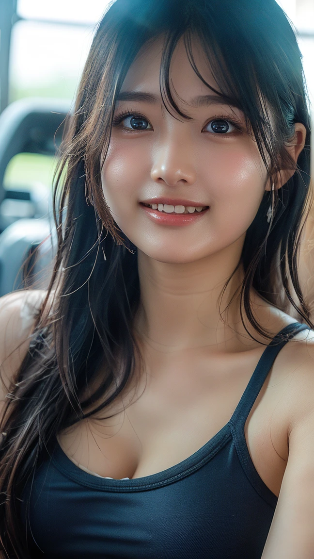 (in 8K、 Raw photography、top-quality,、hight resolution),、(hyper realisitic)、(realisitic),、Soft light、、girl with、Lifelike face、Realistic body、real looking skin、absurderes、​masterpiece、Cuties、独奏、Innocent eyes、blusher、Cinema Lights、cherry colored lips、The hair 、a closeup、looking at viewert、 Open lips,、Upper teeth,、(Smiling eyes:0.6)、eyes focus、professionally lit、CG Social Trends、Plastic En、((Black Long Hair))、((Beautuful Women))、(A smile)、Fashionable、(A sexy)、Happy -、fashion magazine、((lighting like a movie))、((inside of a car))、Grinning、((Evening glow))､Relaxed、calm、