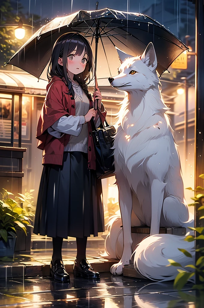 HIGH DEFINITION、high quality illustration、8k、Detailed Description、girl taking shelter from the rain in a bus stop hut on a country road on a rainy night、Wooden bus stop cabin、white fox sitting next to a girl、body of a pale glowing fox