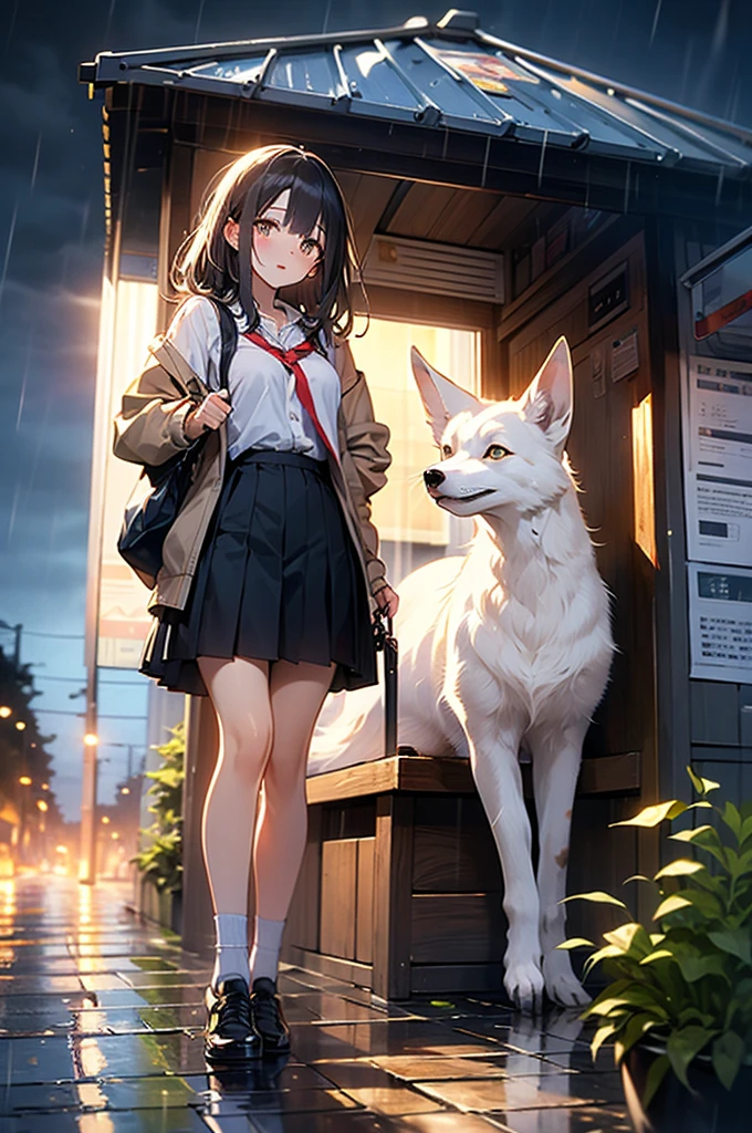 HIGH DEFINITION、high quality illustration、8k、Detailed Description、girl taking shelter from the rain in a bus stop hut on a country road on a rainy night、Wooden bus stop cabin、white fox sitting next to a girl、body of a pale glowing fox