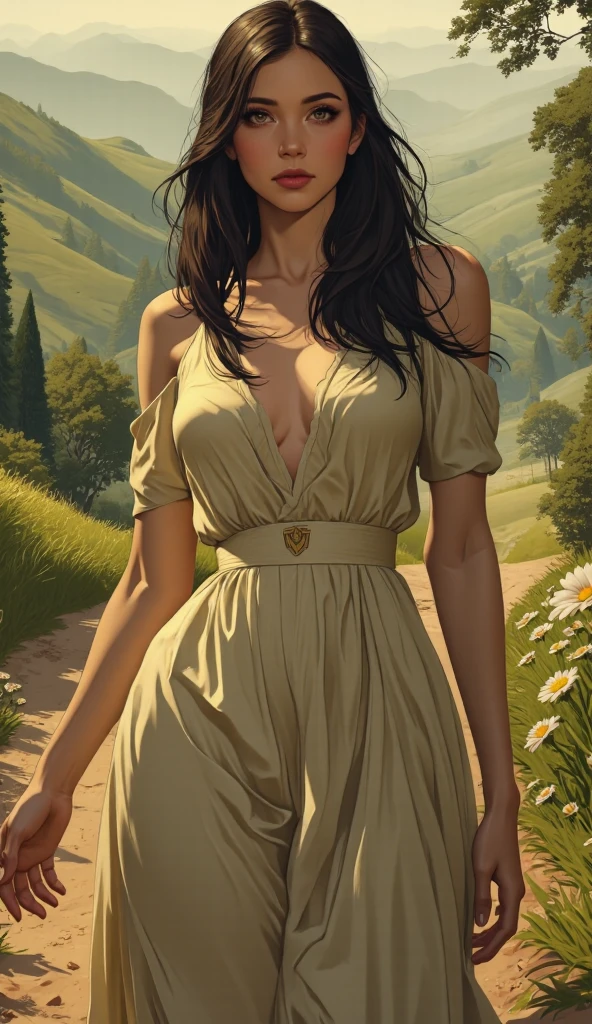 Zombie girl, she is beautiful And have a strong posture, she has breasts that have a voluminous proportion, a pear feminine silhouette, long Auburn hair, She has expressive eyes, ( Only eyes olive green) Her skin is fair and she has some light freckles on her cheek bones, busty, Farm, Brown rustic clothes, boho clothes, farm boho fashion clothes, romantic vibes, fire sparkles, flowers clothes the hair to be half straight and half with curled ends cartoon, white panties