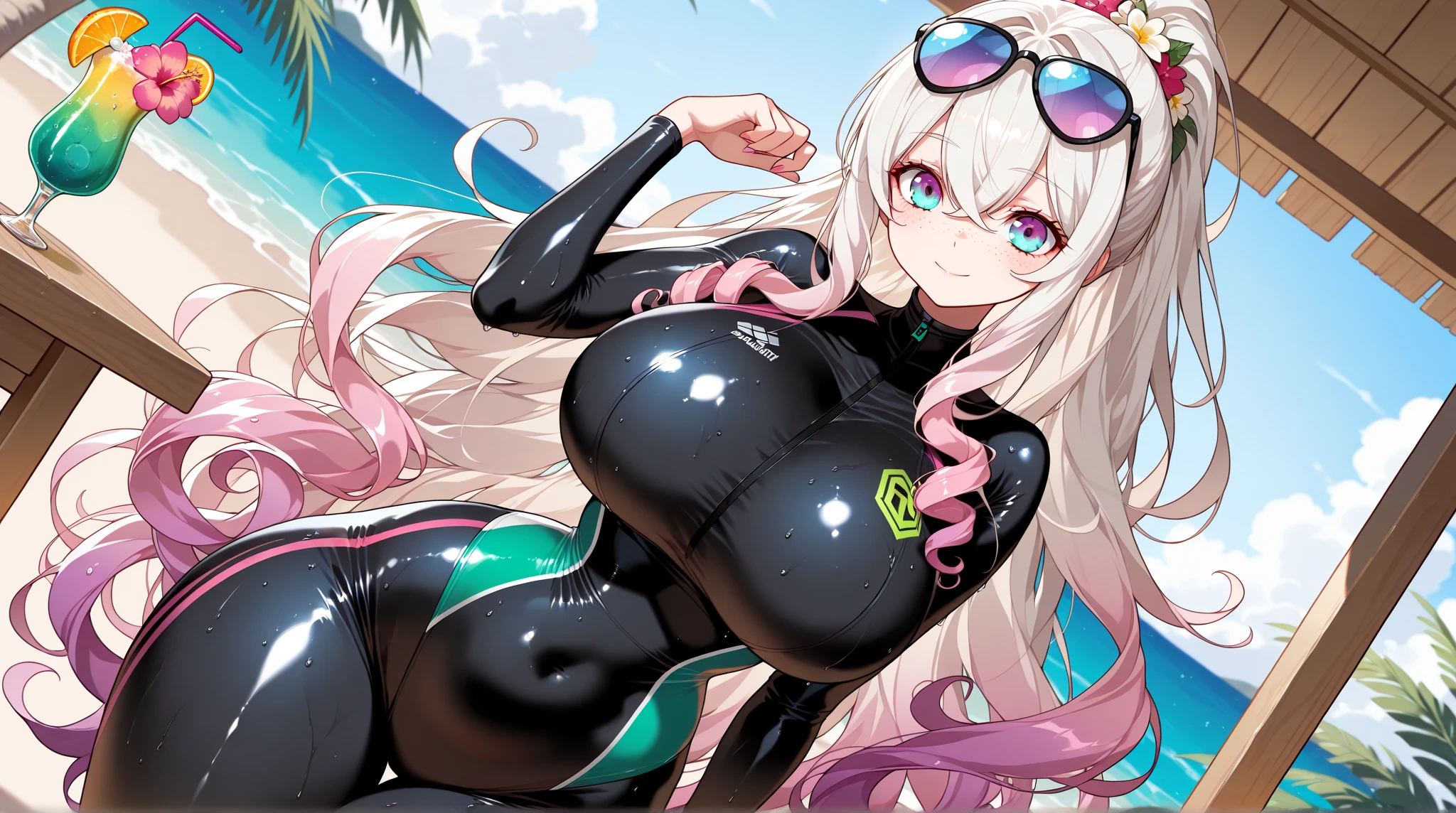 (best quality:1.3), Zero two, (long hair), busty, cleavage, seductive, sexy, (curvy body) big ass, big boobs, (beach), (body suit),