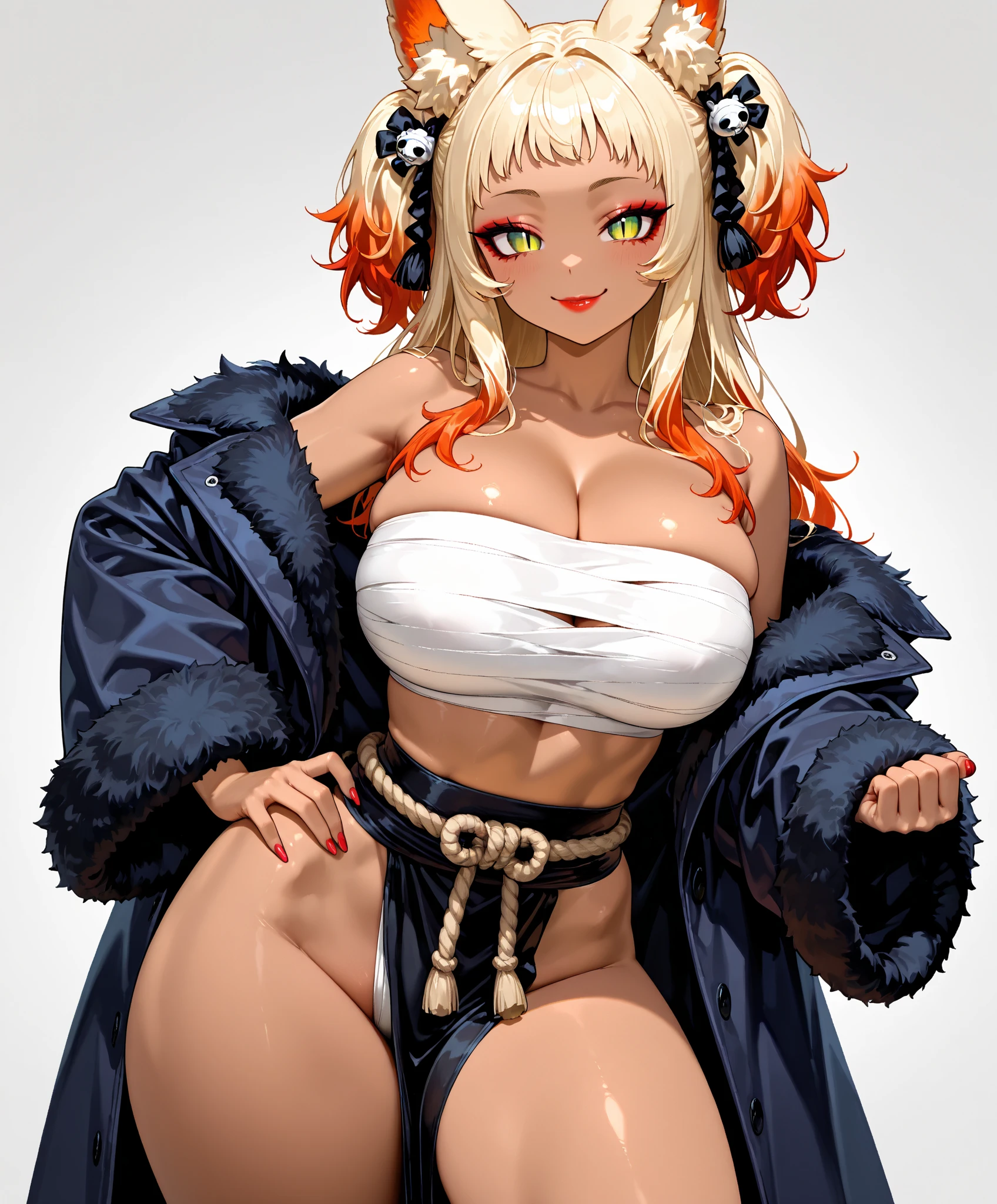 masterpiece, Best Quality, 1 girl, black fur, yellow eyes, by the wide, butterflies, evening, Upper part of the body, Senran Kagura Hanabi 8K, Best Quality, (photorealistic:1.4), raw photo, (curved body), (curved thighs), (huge breasts, perky breasts:1.4),