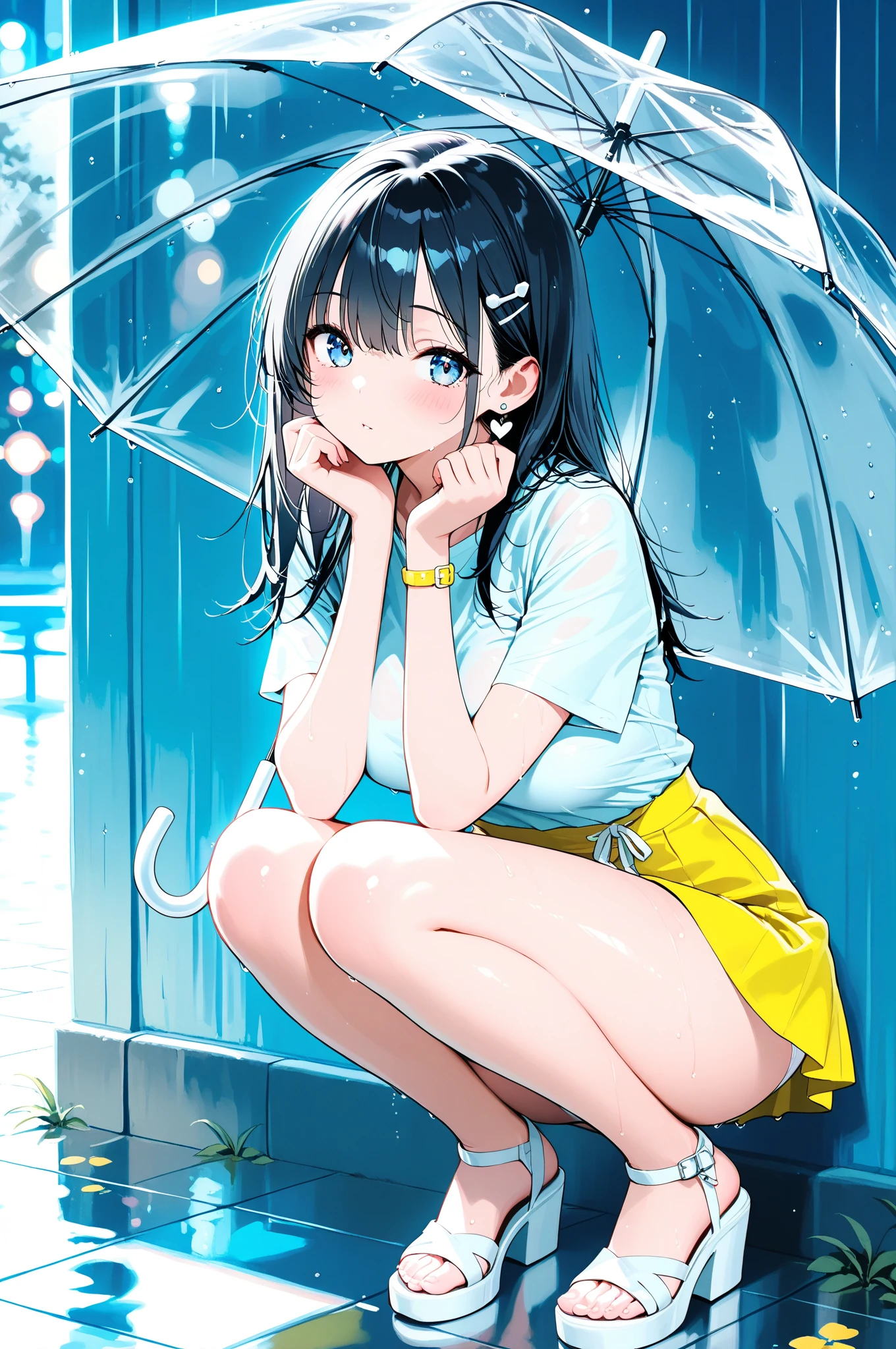 (Best quality, 8k, 32k, Masterpiece, UHD,:1.2),RAW, 1girl,ultra cute , natural lighting,transparent shining eyes, 20yo ,fair complexion, (white shirt)、ribbon tie、long sleeve、white cardigan、light blue plaid mini skirt、white socks、loafer、squatting、Taken from the side, ((Closeup shot)), wedgie, shy smiling, medium hair, (ecstasy:1.3) ,(slut:1.2), (vulgarity:1.3), (fucked silly:1.1),(steam:1.1),(wet:0.8),(trembling:0.8),(sweat:0.8),, ((White Background)), bare foot, show off panties, stripe panties