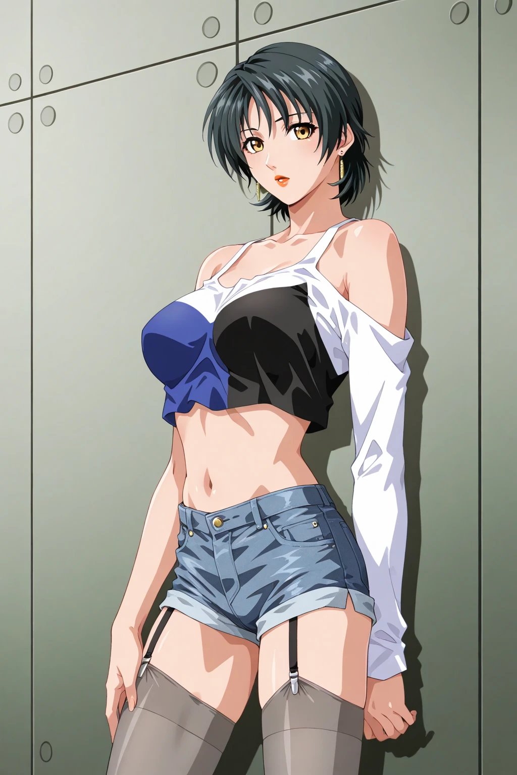 (masterpiece, 2k, anime style:1.9, front shot, cute smile, cute face, open mouth, correct finger anatomy, open jacket, (white casual bikini top, casual trousers, belt, bracelet)), hinata\(boruto\), mature female, standing, milf, (curvy:0.8), (short hair, hime cut), (dark blue hair color:1.1), white, big breasts, flat belly, perfect eyes, anime eyes, smoky eyeliner, eyeshadow, perfect face, shy, sharp focus, professional artwork, intricate details, colorful, vibrant colors, vivid colors, digital blending, ultra detailed body, ultra detail hair, ultra detail face, trending on pixiv, very hot colors, sunrays, leaning sideway
