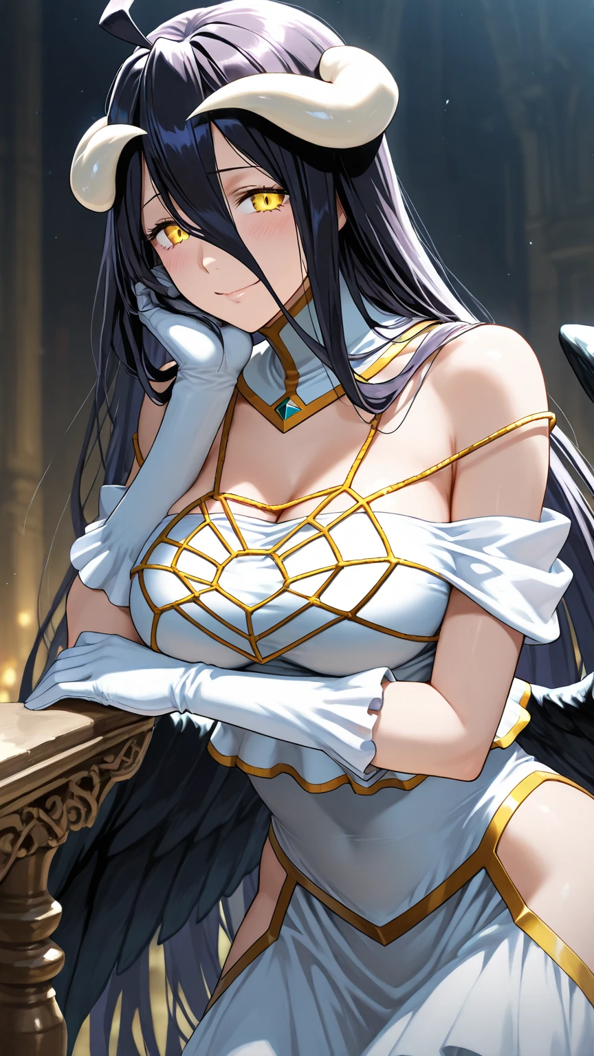 (masterpiece:1.6, best quality:1.4, real picture:1.2, intricate details:1.2), Albedo, 1girl, dark hair, red eyes, big lips, lip gloss, long hair, medium breasts, bare shoulders, hourglass figure, (narrow waist), thick thighs, thick ass, defined stomach, sexy pouty lips, cleavage, vampire girl, white latex micro bikini, sexy thight micro panties, detailed face and eyes, black pantyhose, black gloves, seductive pose, royal room.