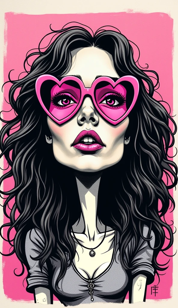 sexy woman with big breasts and neon pink glasses, punk style, detailed ink painting, minimalist
