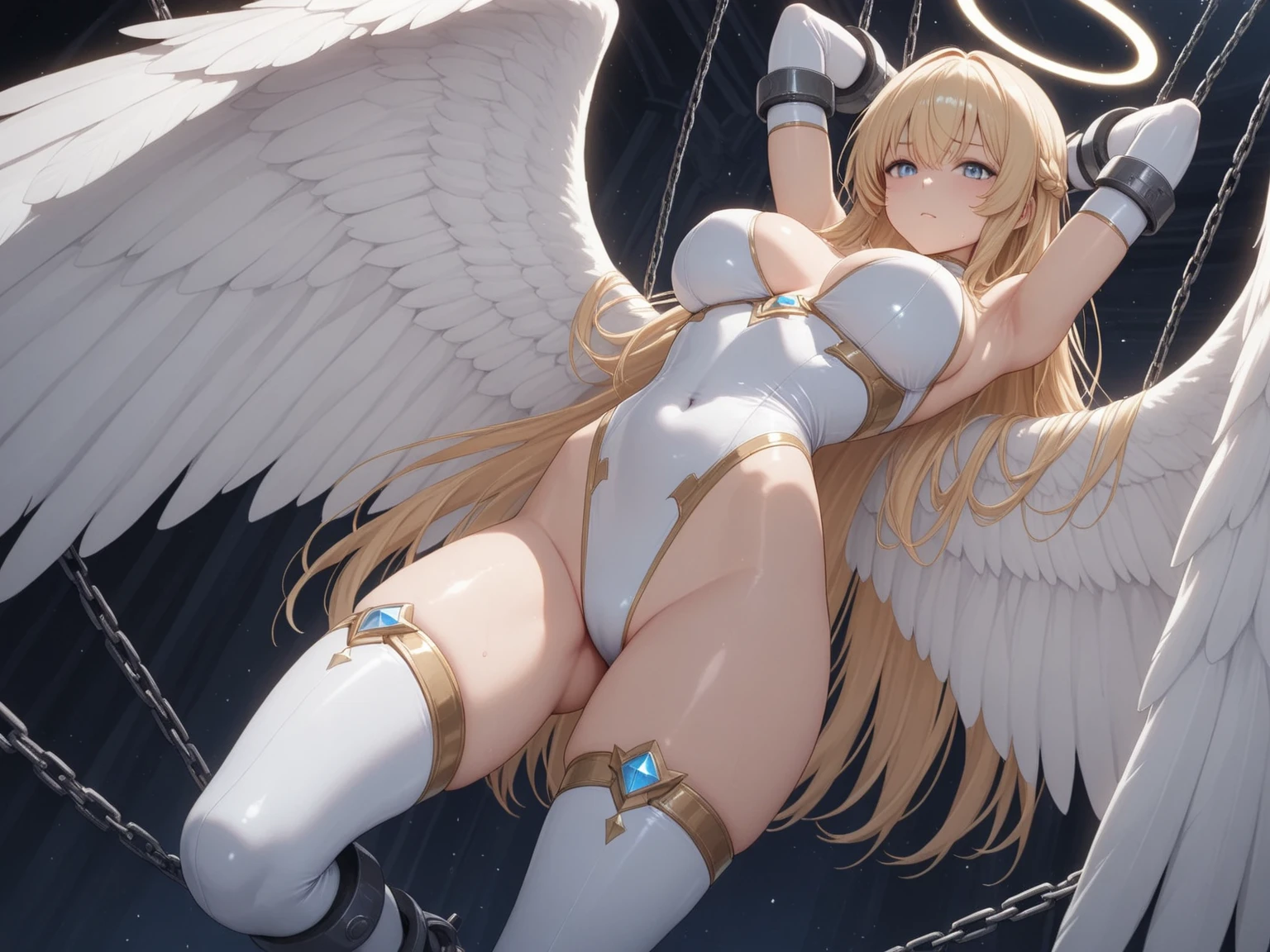 最high quality, high quality, 8K、High resolution,Highest quality、solo、Blonde hair and blue eyes、An adult female angel wearing a white bikini and with large white wings on her chest is lying on a bed、Open Mouth Smile、Very long legs、barefoot、Beautiful legs