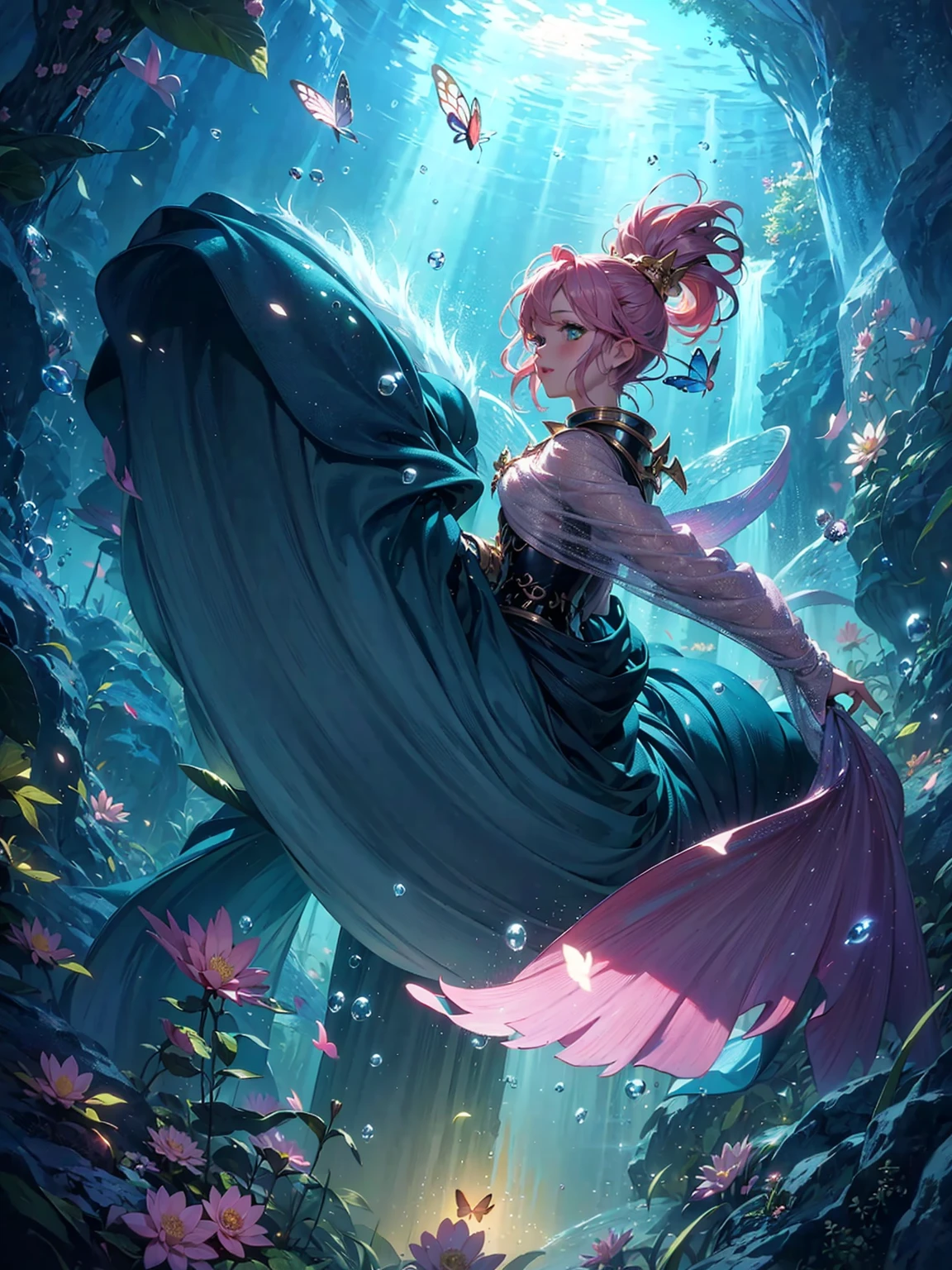 Beautiful woman in pink silk dress smiling in the water, Queen Fan, in the water to her shoulder, Shaxi, full body fairy,