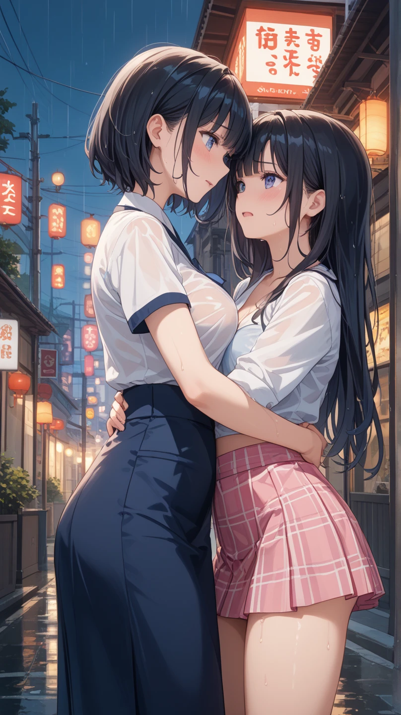 A beautiful Japanese woman, (black hair,straight bob:1.1, bangs),(anatomically correct), All limbs, full finger, 　casual clothes, detailed and perfect face, detailed and perfect hands, semi-realism, Japanese school at night, , girl friends together,(Passionate Deep Kiss, lesbian kiss,saliva,hug each other tightly:1.2),super mini skirt,big breasts,(((blush))),(((painful expression))),(((open your mouth wide))),(((cry))),(((shout))),(((anger)))
