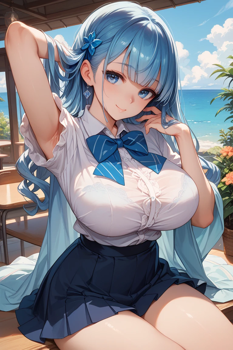 top-quality、masutepiece、1womanl、独奏、20yr old、low angles、(one eye closed:1.4)、(Cyan Eye:1.1),Happy smile、closes mouth、Brown Single Blade、(White sailor suit lift:1.5)、Colossal tits,(Light Blue Bra:1.3),Black Knee High Socks、plaid skirts、Blushing、Akame、early evening、Lots of countryside、Big sunset、Orange view、Small necklace、Into the cloud、