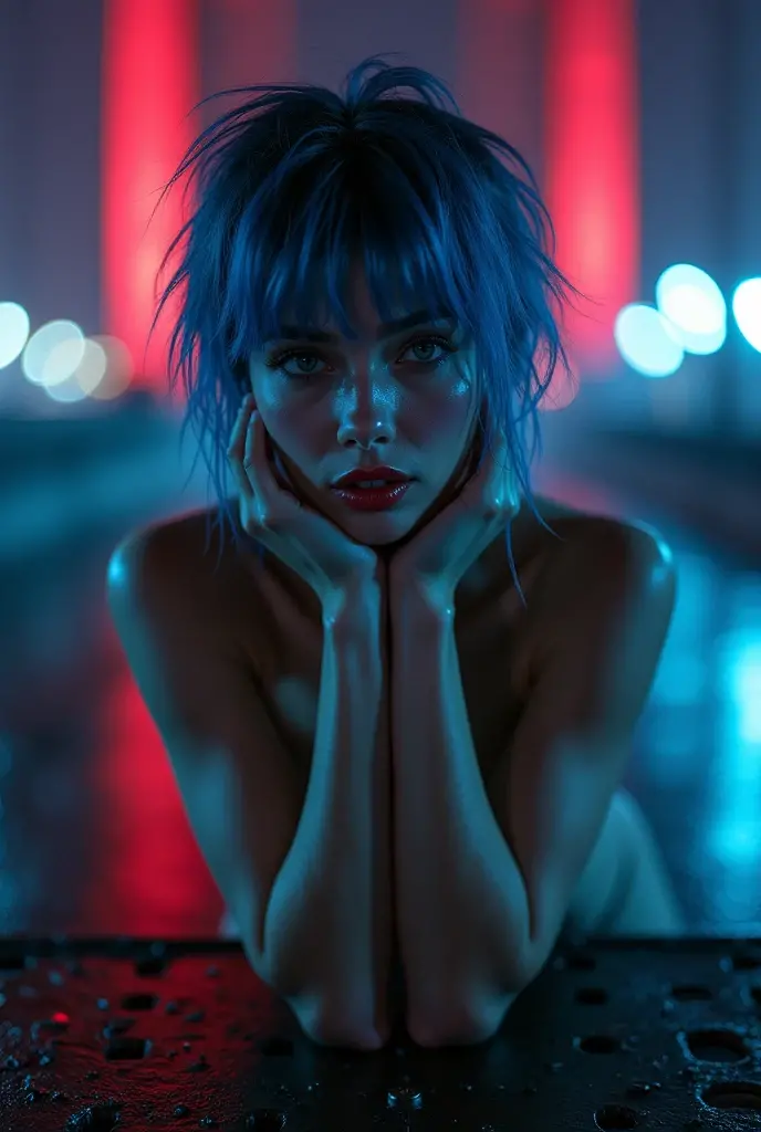 NSFW,open legs pose, naked pussy, open legs pose, ((raw photo), absurd, (absurdresolution)), ((full body view)), ((21 years)), beautiful girl, (Short, messy hair with bright neon blue highlights), (((The beauty of: Lisa, laLisa))), (deep gray eyes, seductive look, make up), ((ultra-sharp pupils, Red lipstick, blush)), ((seductive pose)), (((naked))), ((dark make up, Digital art, trend in artstation, highly detailed, good detail, Intricate, beautiful detailed glow, detailed, cinematic lighting, High resolution, detailed facial features)), ((Leaning on a riveted steel bridge beam facing the viewer)), (Photographic perspective), vivid, bright colors, (((bottom: dark city at night)))