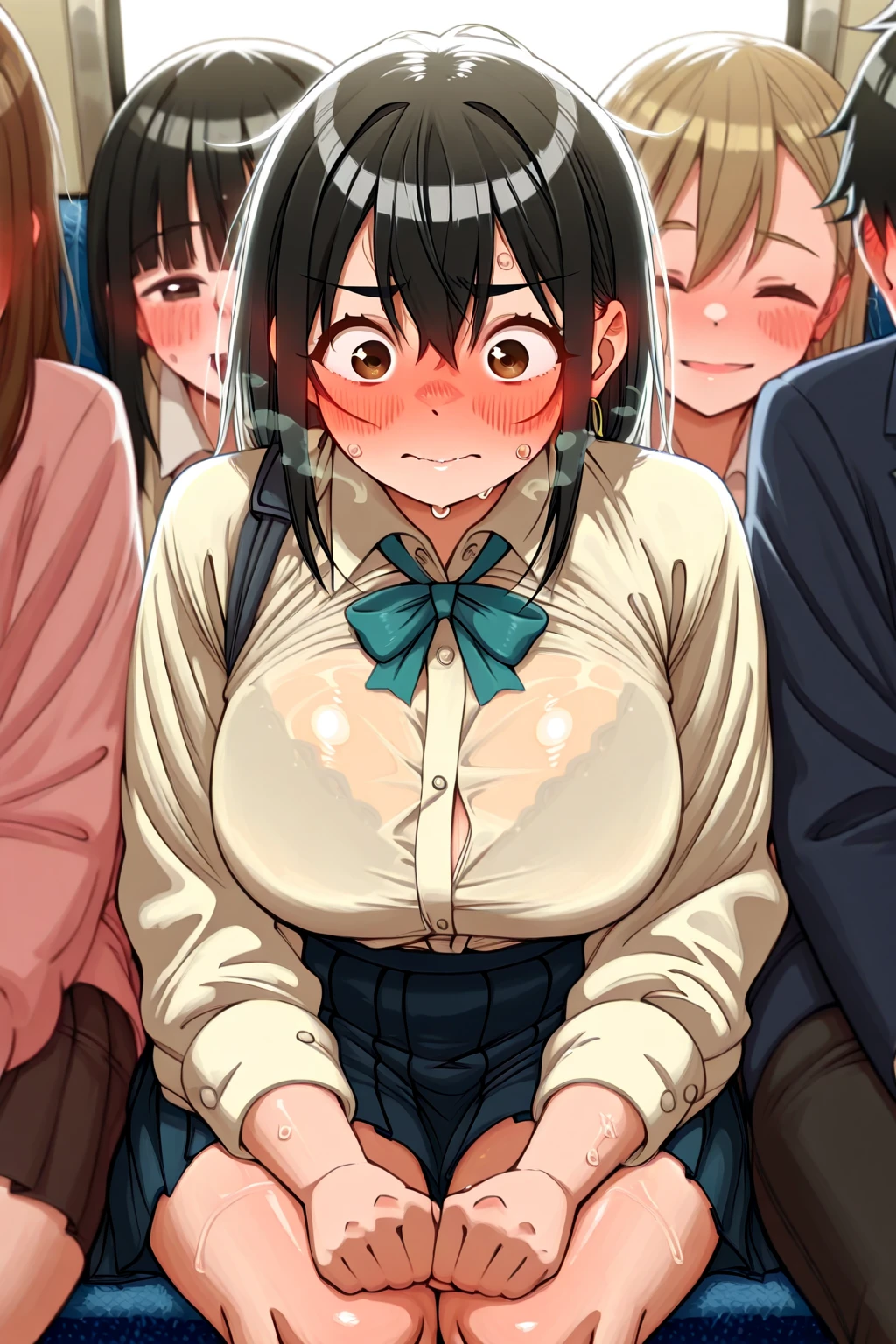many ugly men,school girl,( open shirt,bra lift,nipples ),ugly man,(grabbing breasts)
