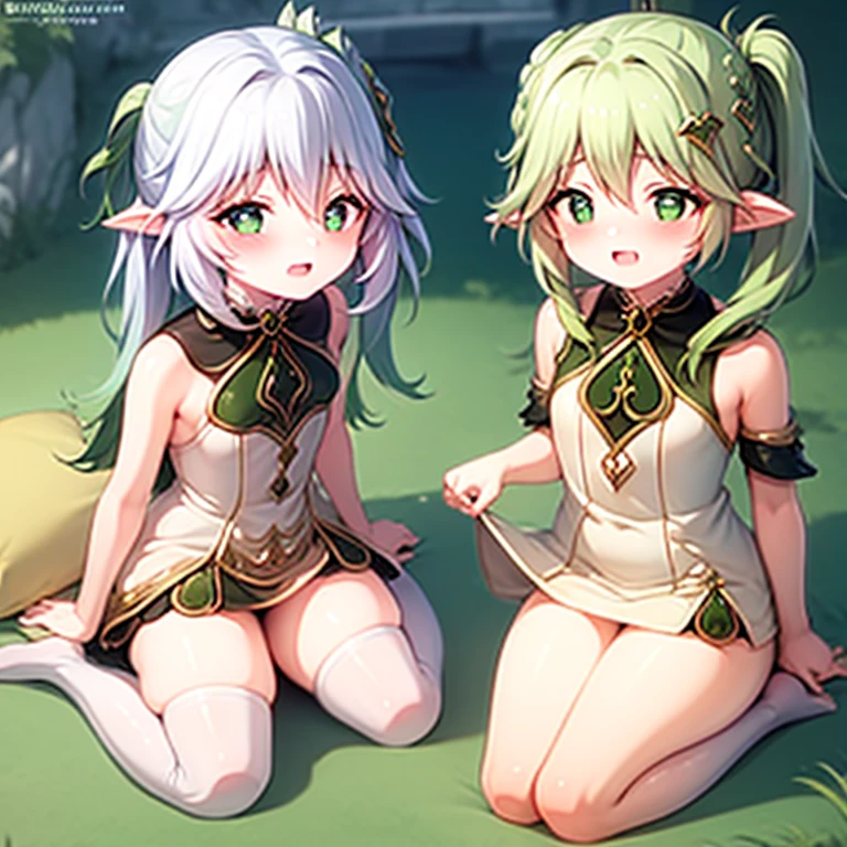 Long Hair, chest, View your viewers, blush, smile, Open your mouth, bangs, blue eyes, 大きなchest, Knee socks, gloves, ribbon, belly button, chestの谷間,  Transparent swimsuit, whole body, Gray Hair, 巨大なchest， (巨大なchest: 1.8), Green Hair, horn, Pointed Ears, Blunt bangs, Raise your arms, (１People Women),  (Eyepatch bikini bottoms only), (Transparent micro bikini), (（White tiny micro bikini）), wave hands